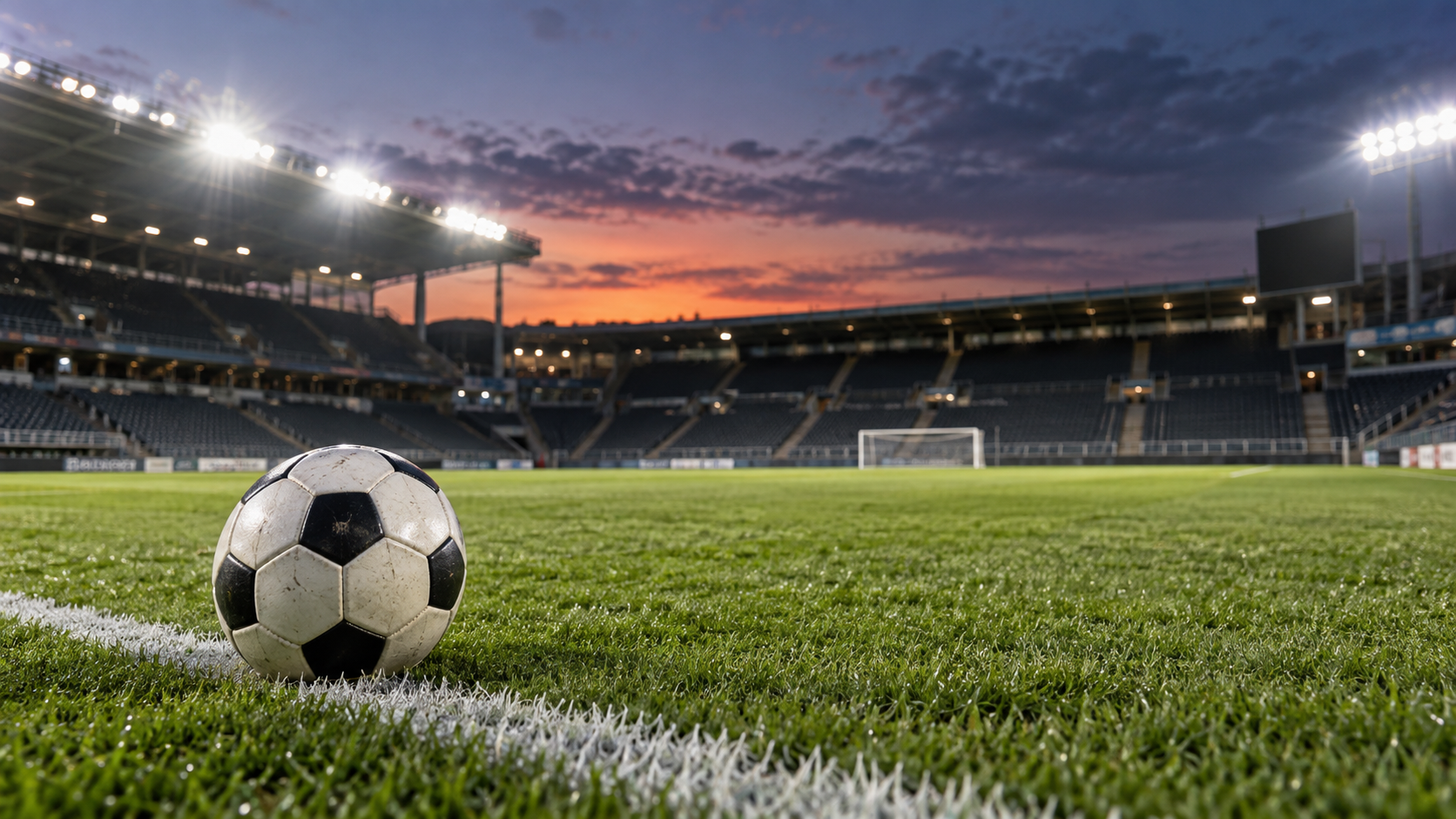 Illustratief voetbalstadion met bal aan de zijlijn