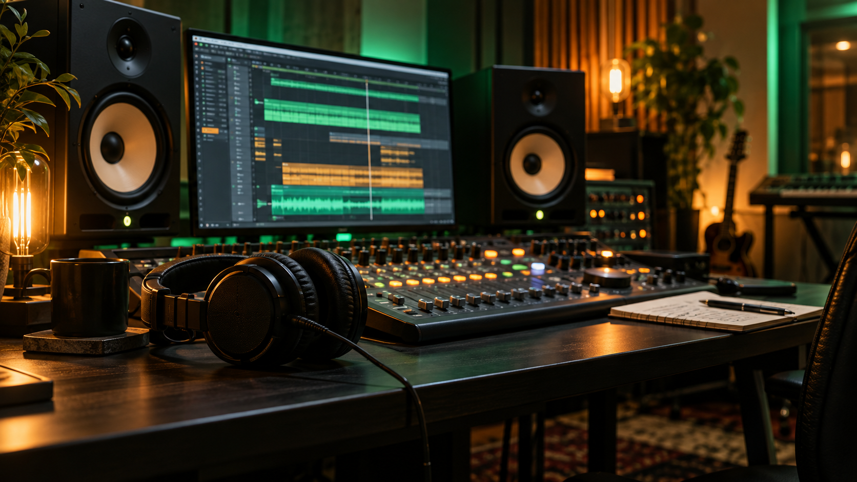 Illustratieve muziekstudio met mengpaneel en koptelefoon