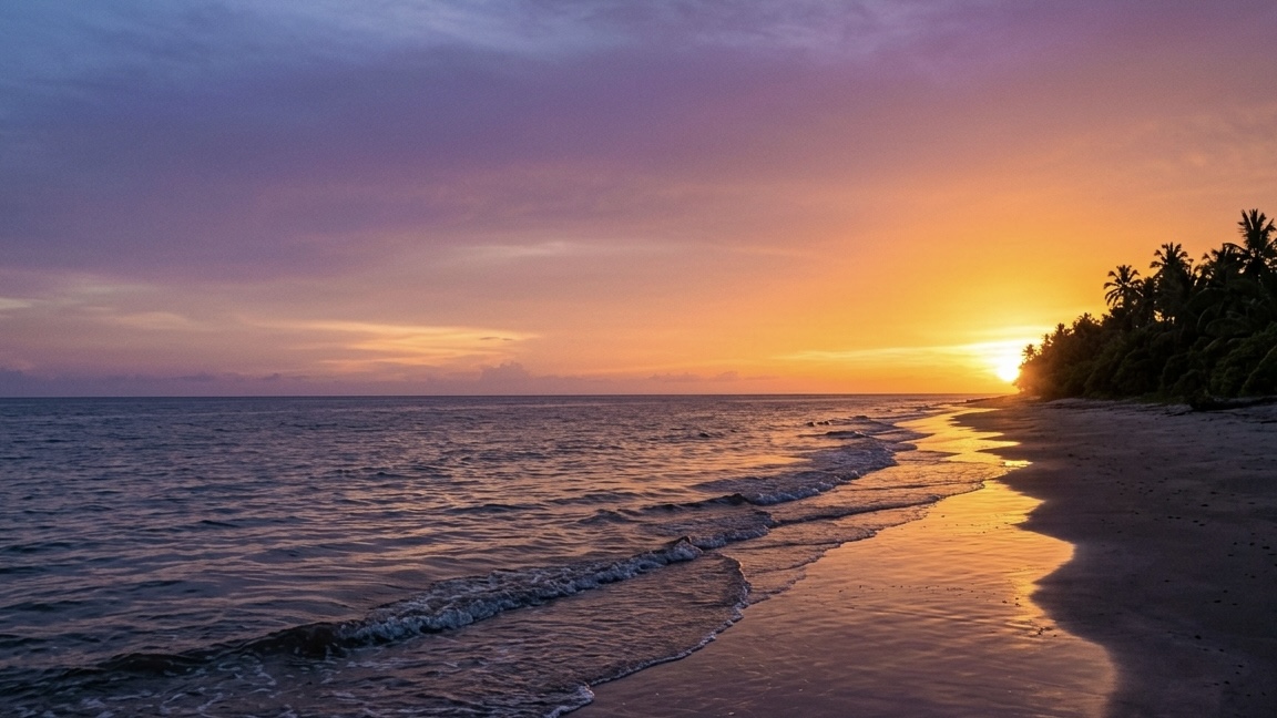Illustratieve Surinaamse kust bij zonsondergang