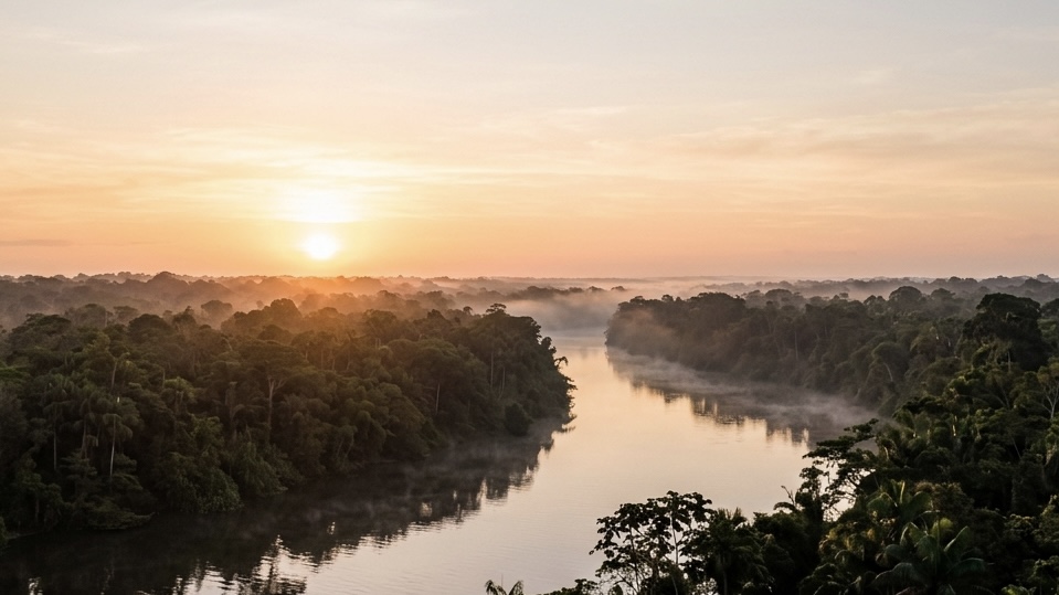 Illustratief Surinaams rivierlandschap bij zonsopkomst